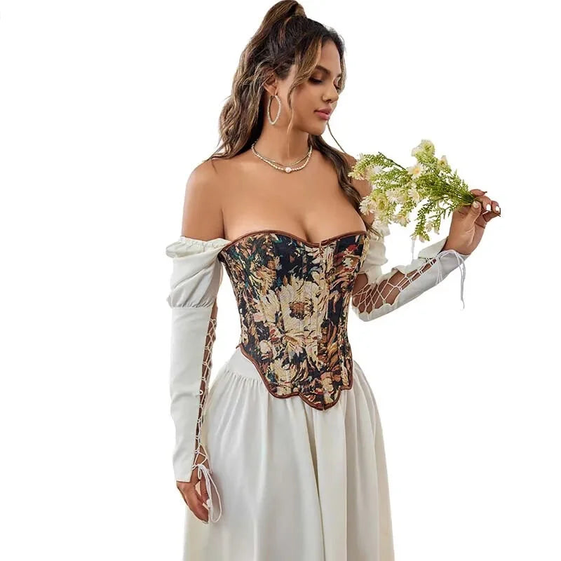 Floral Fishbone Corset Top Retro Bodice Plus Size Xs-Xl Flounce Irregular Bustier - M