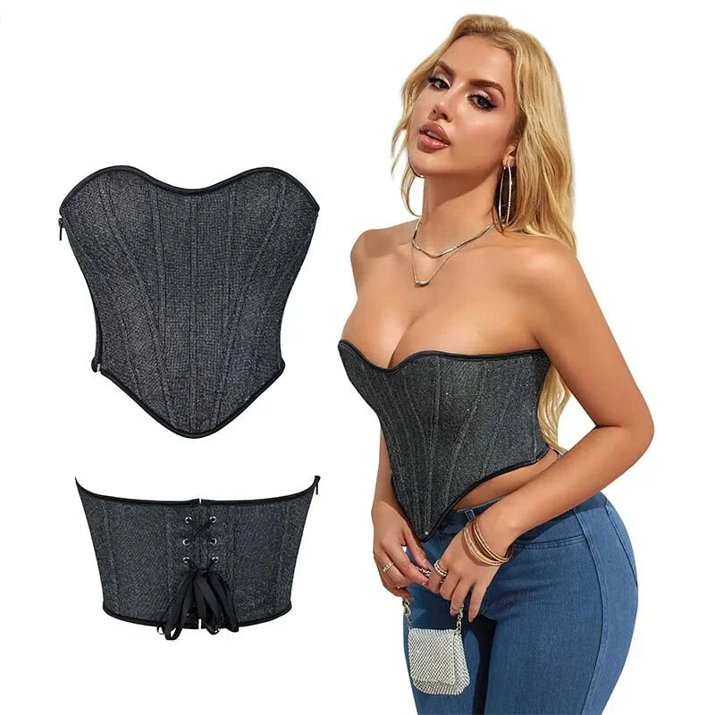 Gray Gothic Punk Crop Top Women Lacing Bandage Bustier With Zipper Plus Size S-Xxl - M
