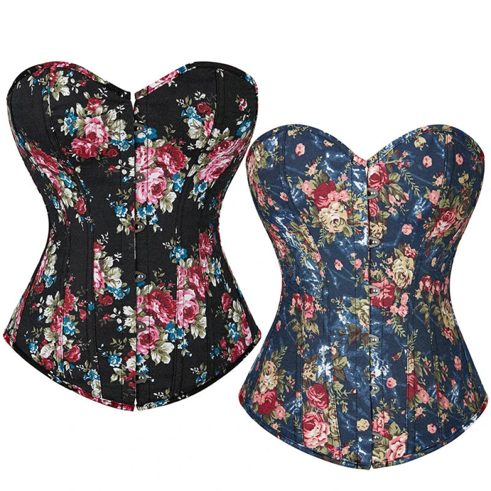 Floral Lace-Up Denim Corset Plus Size S-6Xl Boned Strapless Blue / Black - Black - M