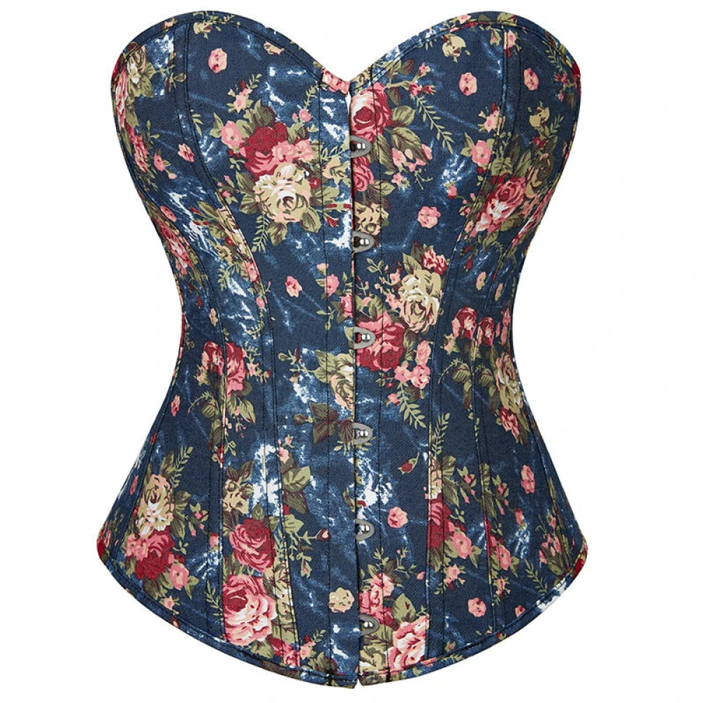 Floral Lace-Up Denim Corset Plus Size S-6Xl Boned Strapless Blue / Black - Black - M