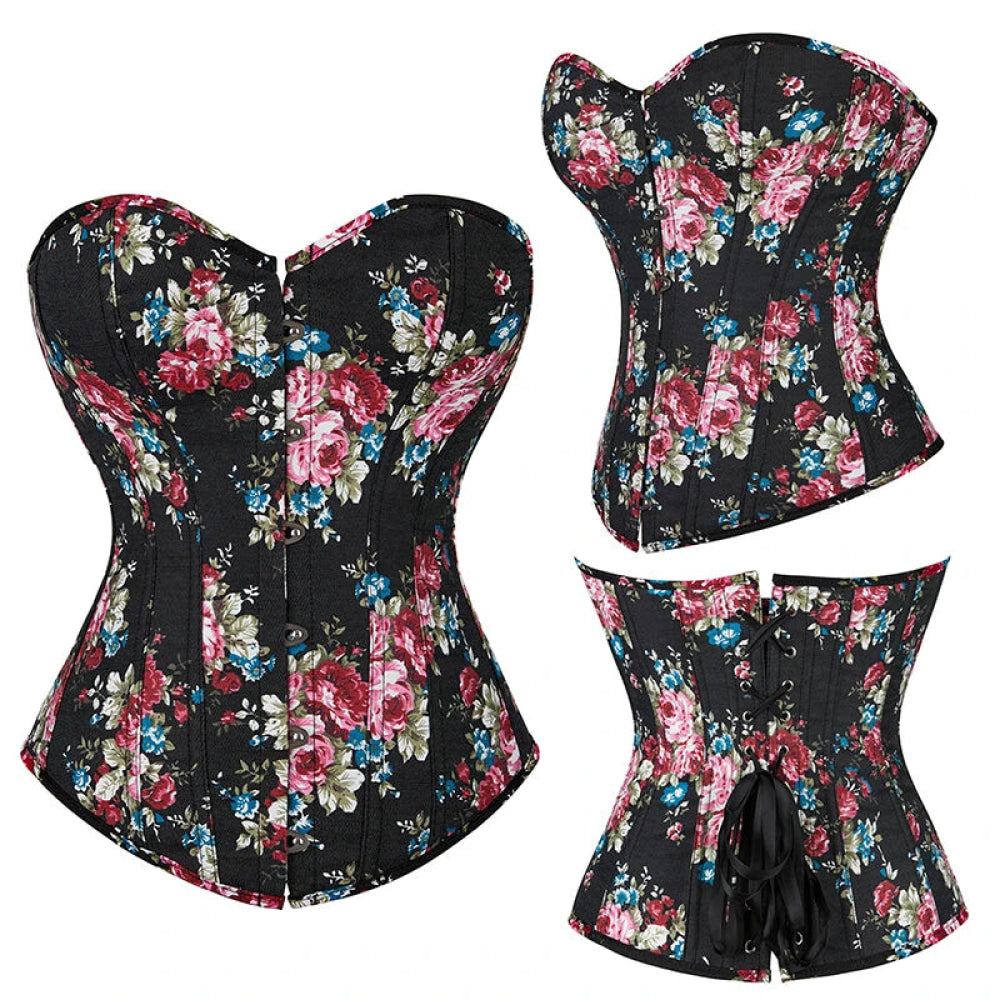 Floral Lace-Up Denim Corset Plus Size S-6Xl Boned Strapless Blue / Black - Black - L