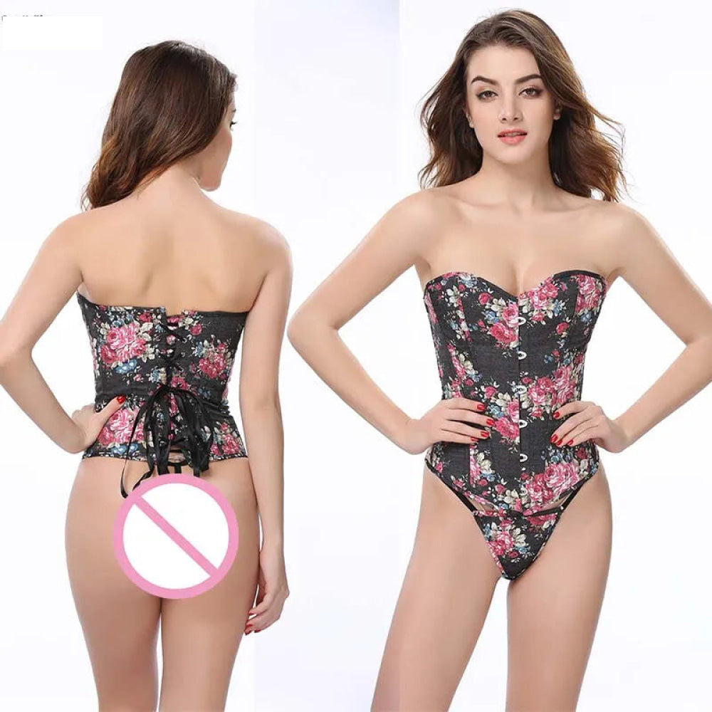 Floral Lace-Up Denim Corset Plus Size S-6Xl Boned Strapless Blue / Black - Black - L