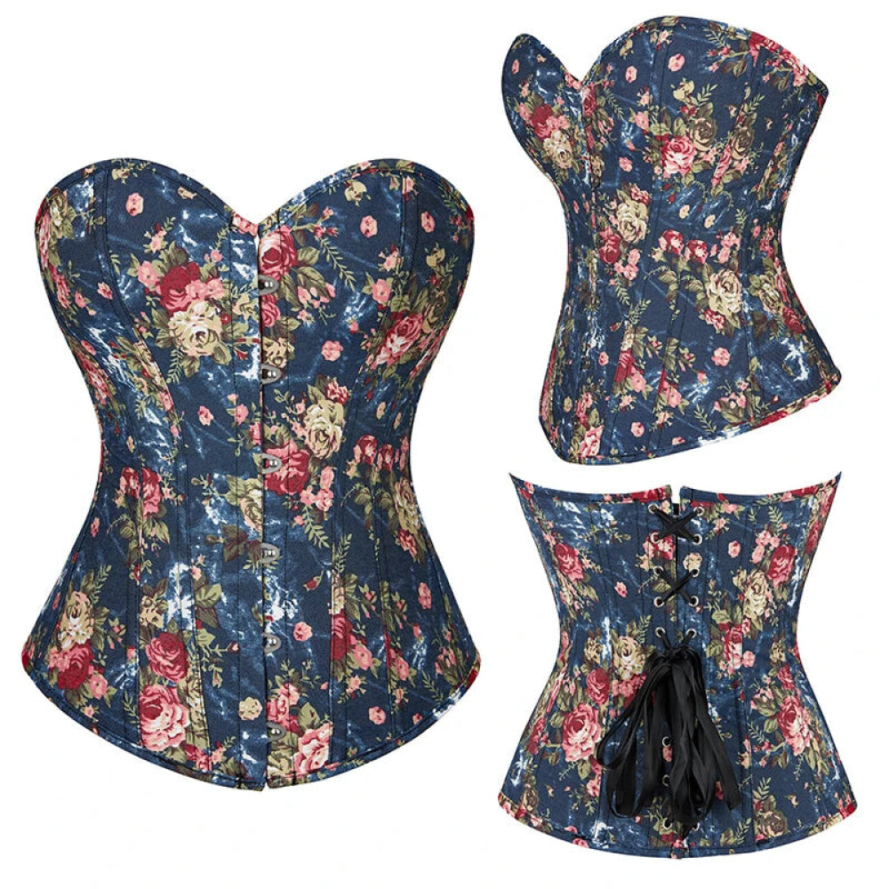 Floral Lace-Up Denim Corset Plus Size S-6Xl Boned Strapless Blue / Black - Blue - L