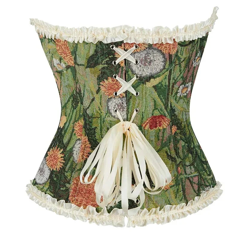 Green Lace Trim Gothic Corset Ruffled Victorian Bustier For Halloween - Xxl