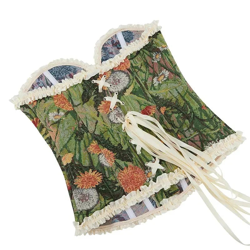 Green Lace Trim Gothic Corset Ruffled Victorian Bustier For Halloween - Xs