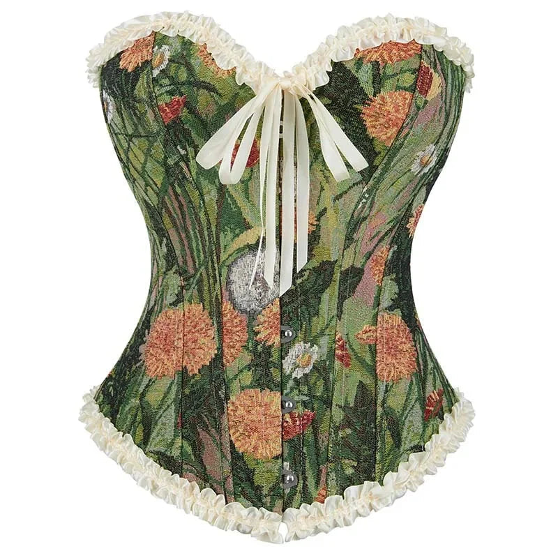 Green Lace Trim Gothic Corset Ruffled Victorian Bustier For Halloween - Xs