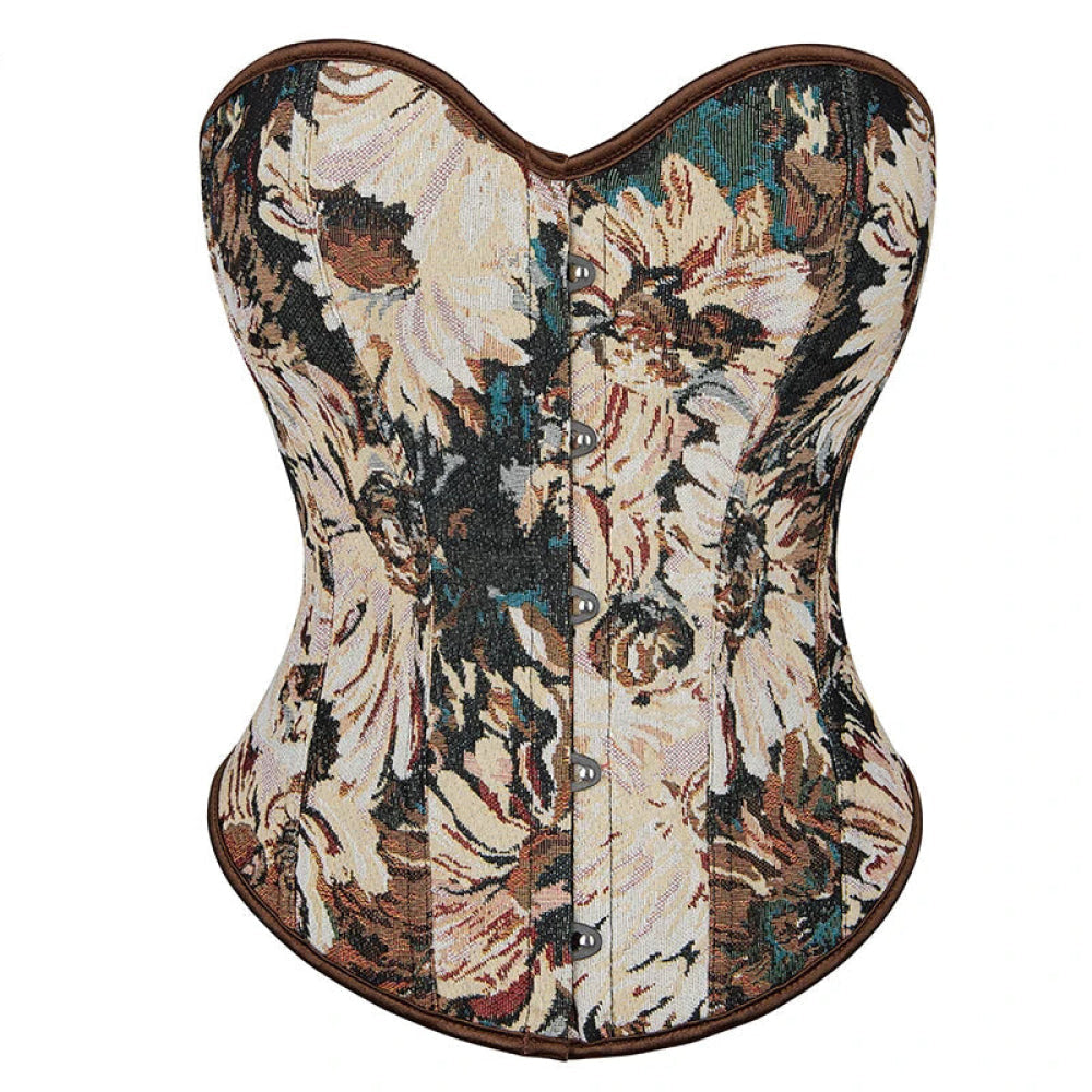 Floral Print Renaissance Corset 12 Plastic Bones Front 5 Busk Closure Plus Size - Blue 502 - S