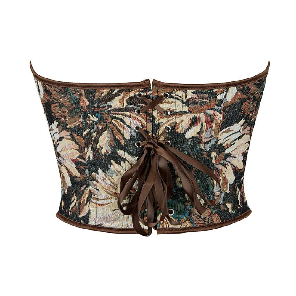 Floral Print Renaissance Corset 12 Plastic Bones Front 5 Busk Closure Plus Size - Blue 502 - S