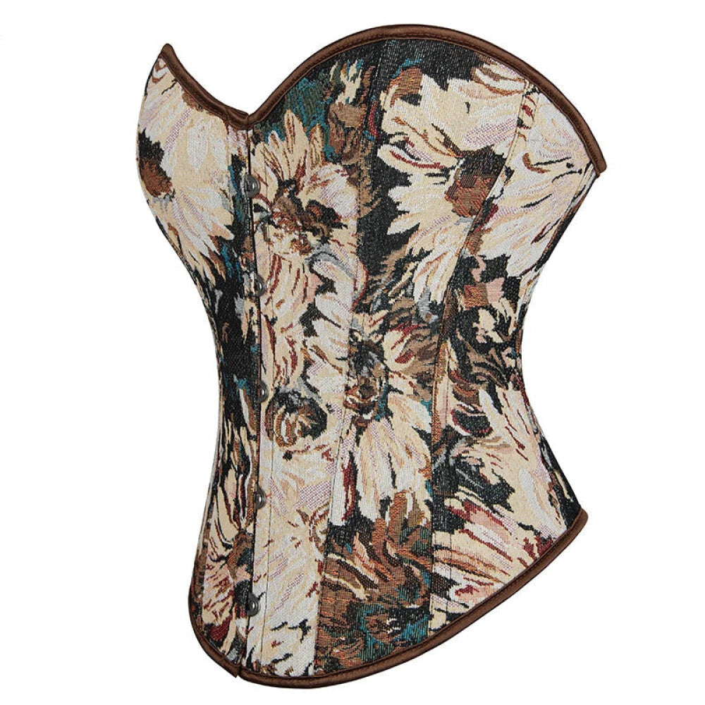 Floral Print Renaissance Corset 12 Plastic Bones Front 5 Busk Closure Plus Size - Blue 502 - S