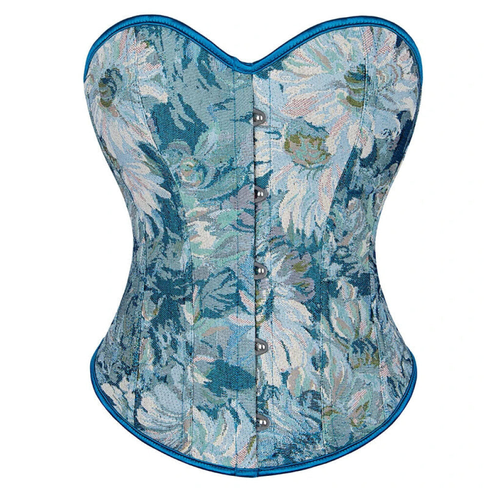 Floral Print Renaissance Corset 12 Plastic Bones Front 5 Busk Closure Plus Size - Brown 791 - S