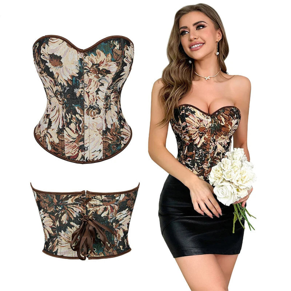 Floral Print Renaissance Corset 12 Plastic Bones Front 5 Busk Closure Plus Size - Blue 502 - M