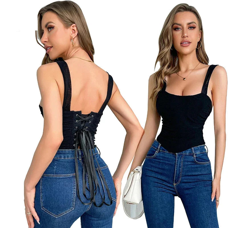 Mesh Bustier Strapless Shapewear With Lace-Up Ruched Hem - S