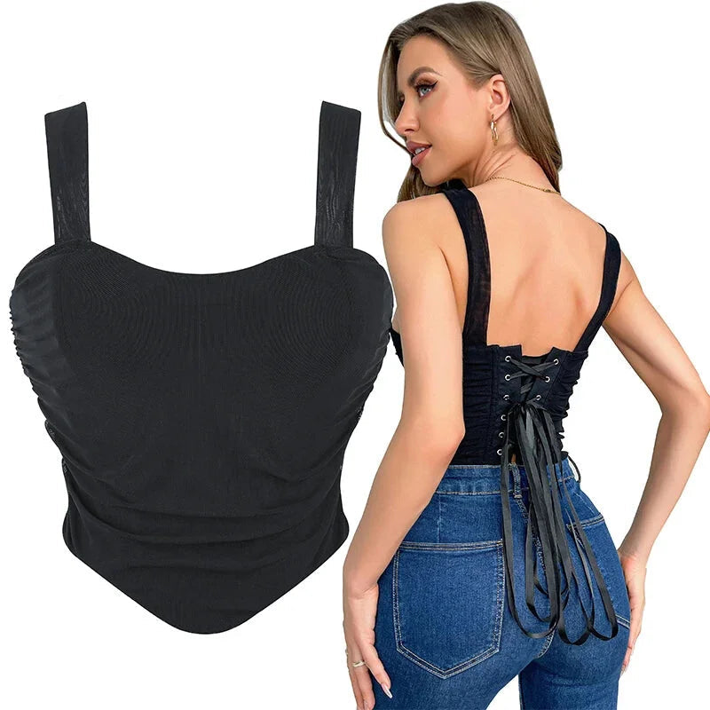 Mesh Bustier Strapless Shapewear With Lace-Up Ruched Hem - M