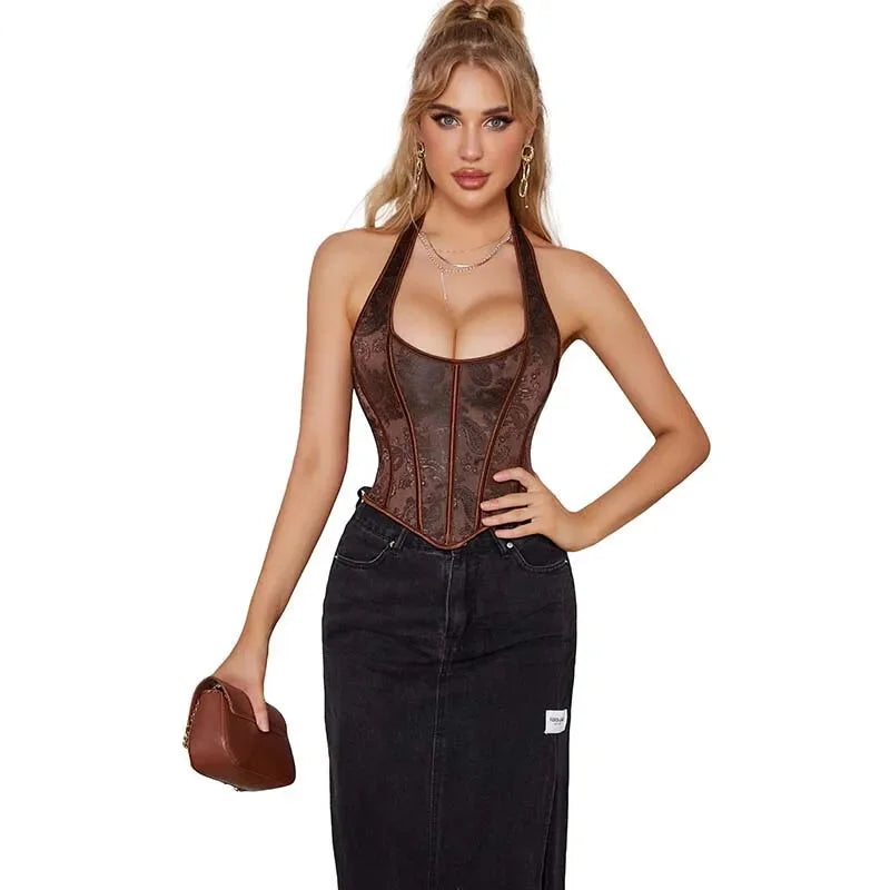 Fish Bone Jacquard Deep V-Neck Corset Crop Top With Halter Neck Plus Size - 4Xl