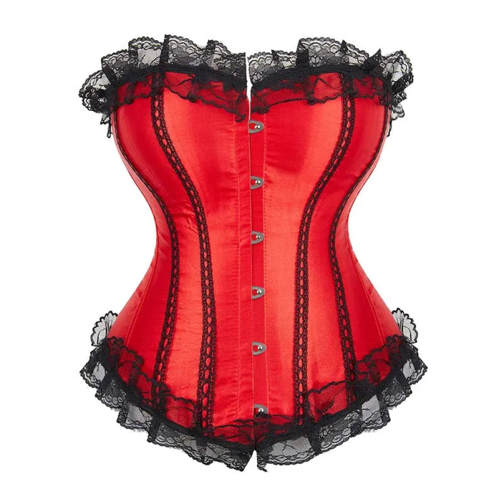 Silk Corselet With Floral Lace Trim Front 6 Busk Closure Plus Size Xs-6Xl Red - M