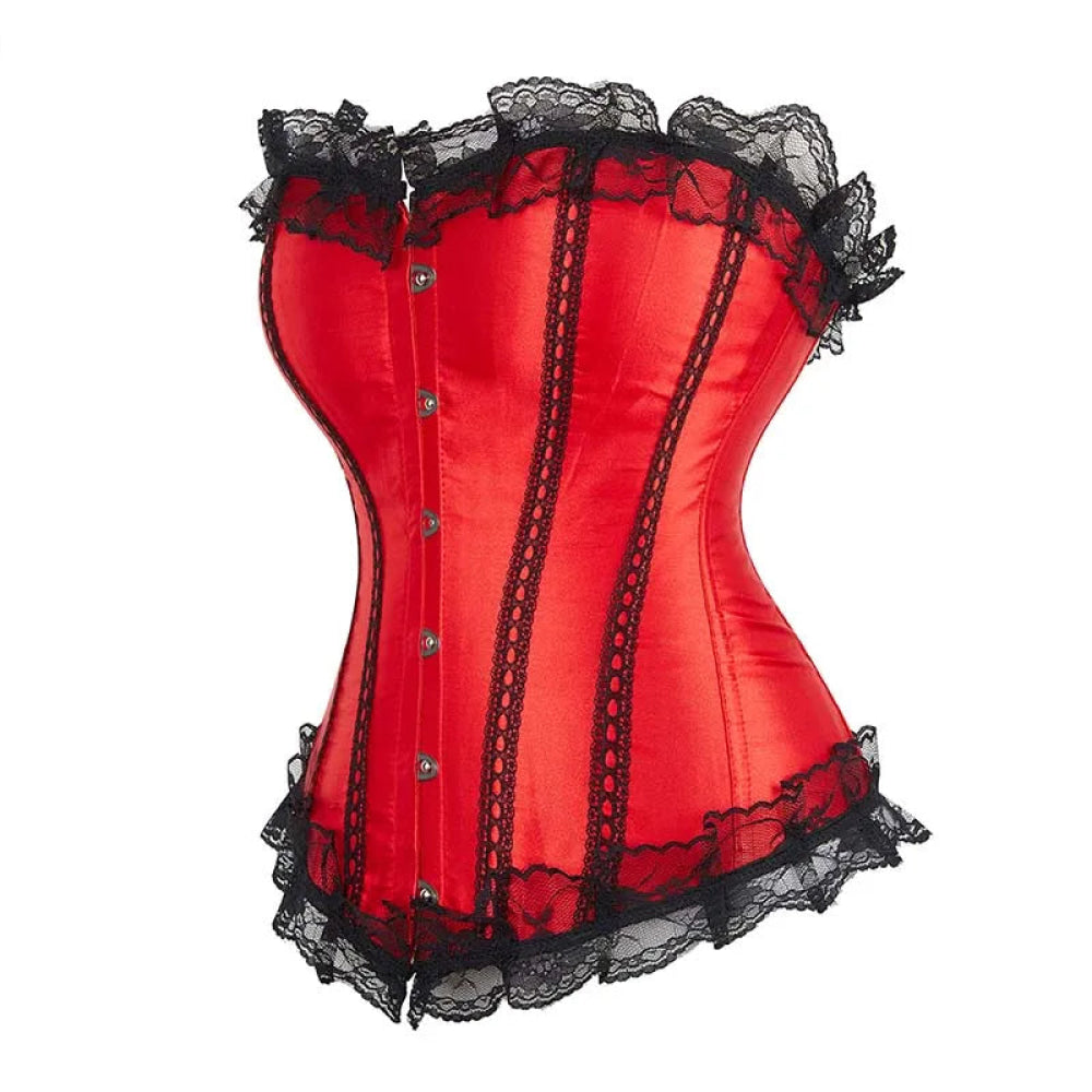Silk Corselet With Floral Lace Trim Front 6 Busk Closure Plus Size Xs-6Xl Red - S