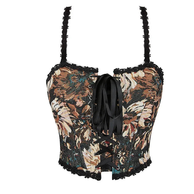 Brown Steampunk Vest Tank Top With Lace And Strap Plus Size S-6Xl - Xxl