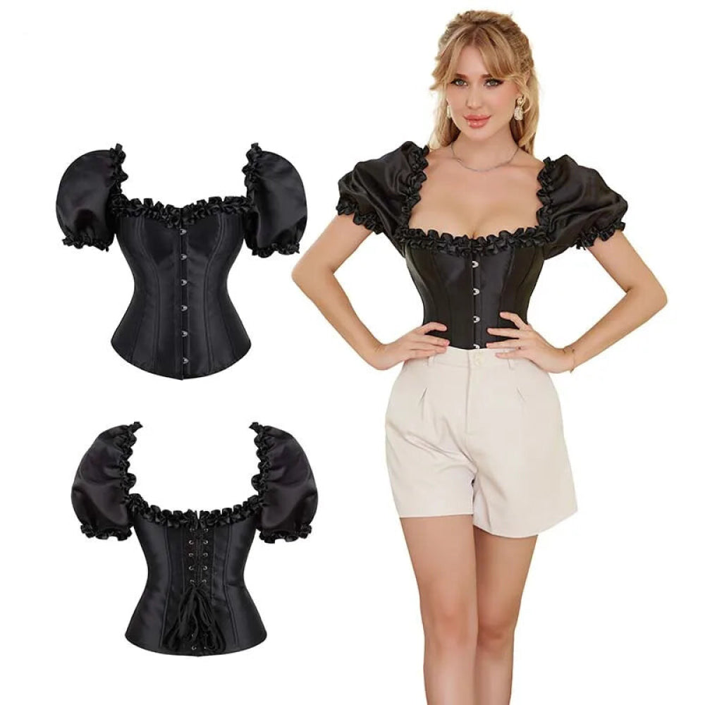 Black Lace-Up Ruffled Corset Bustier Plus Size S-6Xl - Xxxl