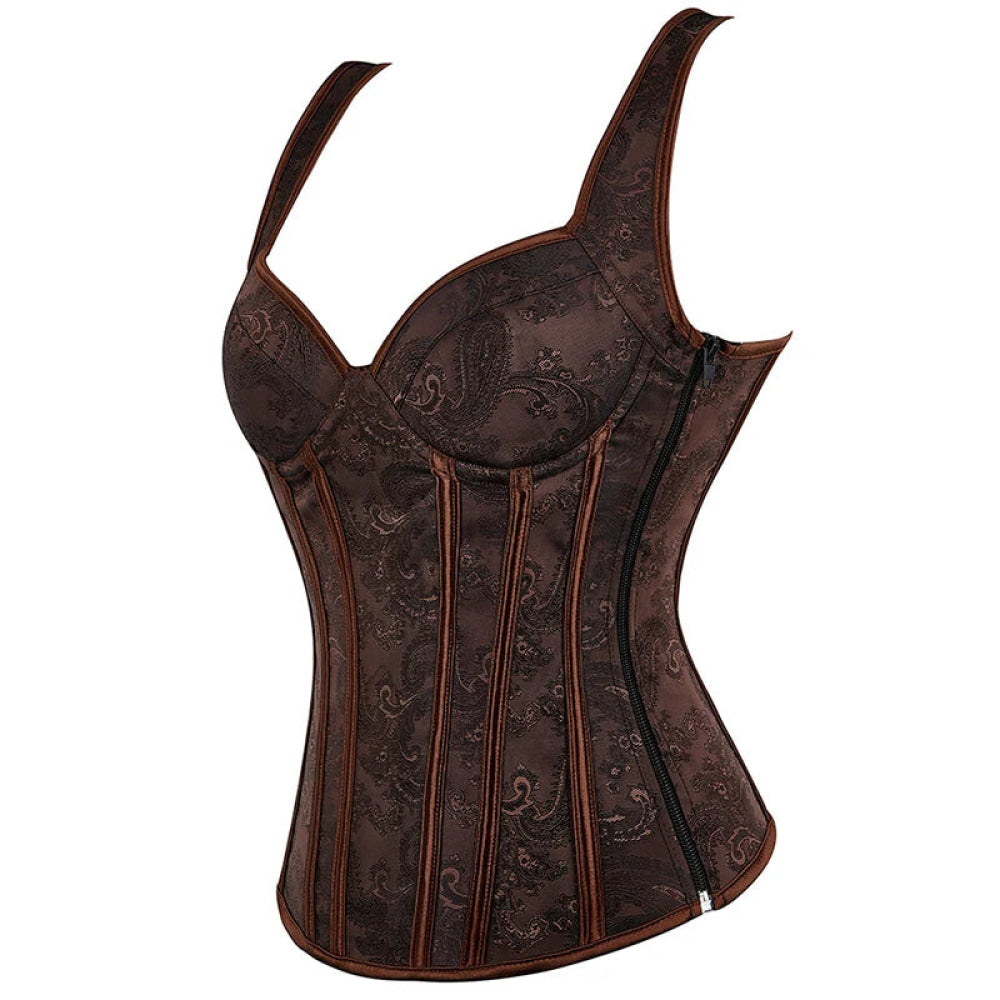 Steampunk Jacquard Lace-Up Shoulder Strap Corset Padded Bustier With Zip - Xs