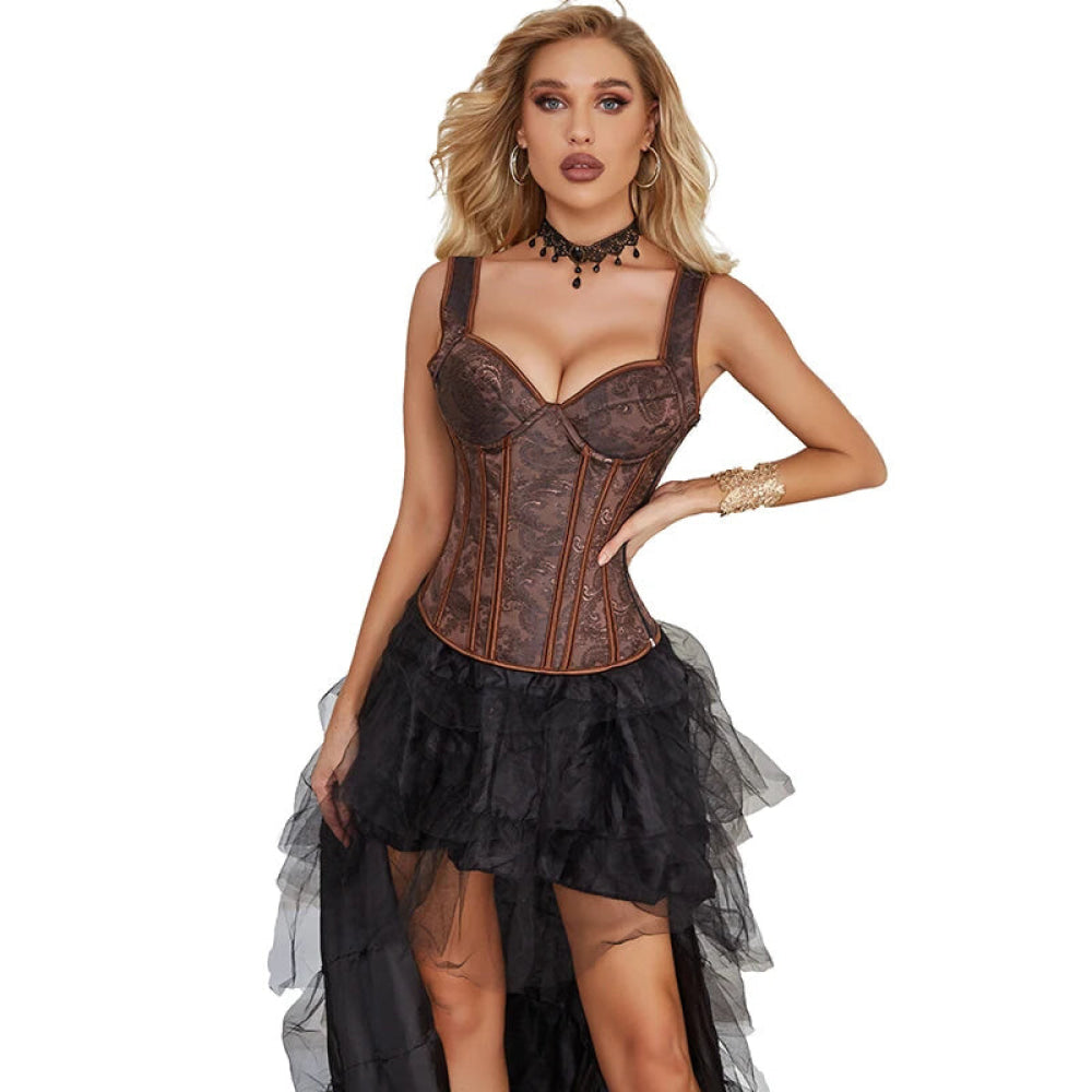 Steampunk Jacquard Lace-Up Shoulder Strap Corset Padded Bustier With Zip - Xs