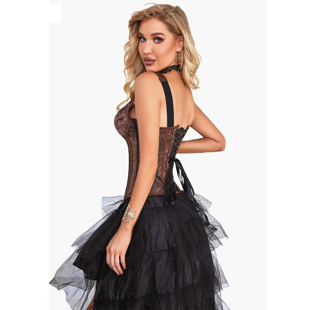 Steampunk Jacquard Lace-Up Shoulder Strap Corset Padded Bustier With Zip - 4Xl