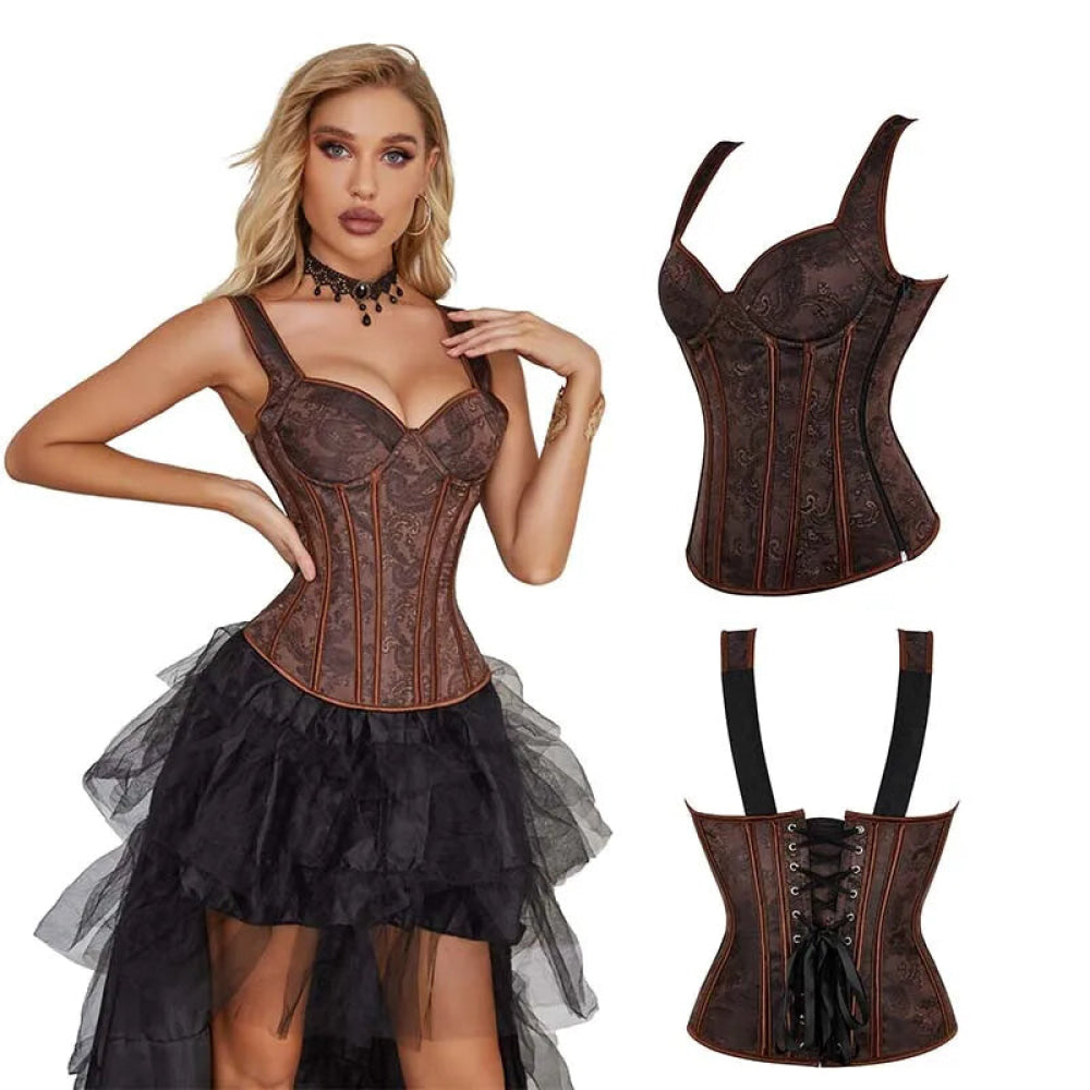 Steampunk Jacquard Lace-Up Shoulder Strap Corset Padded Bustier With Zip - 5Xl