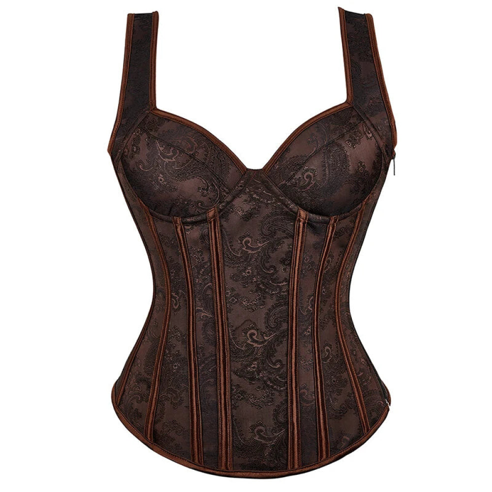 Steampunk Jacquard Lace-Up Shoulder Strap Corset Padded Bustier With Zip - M