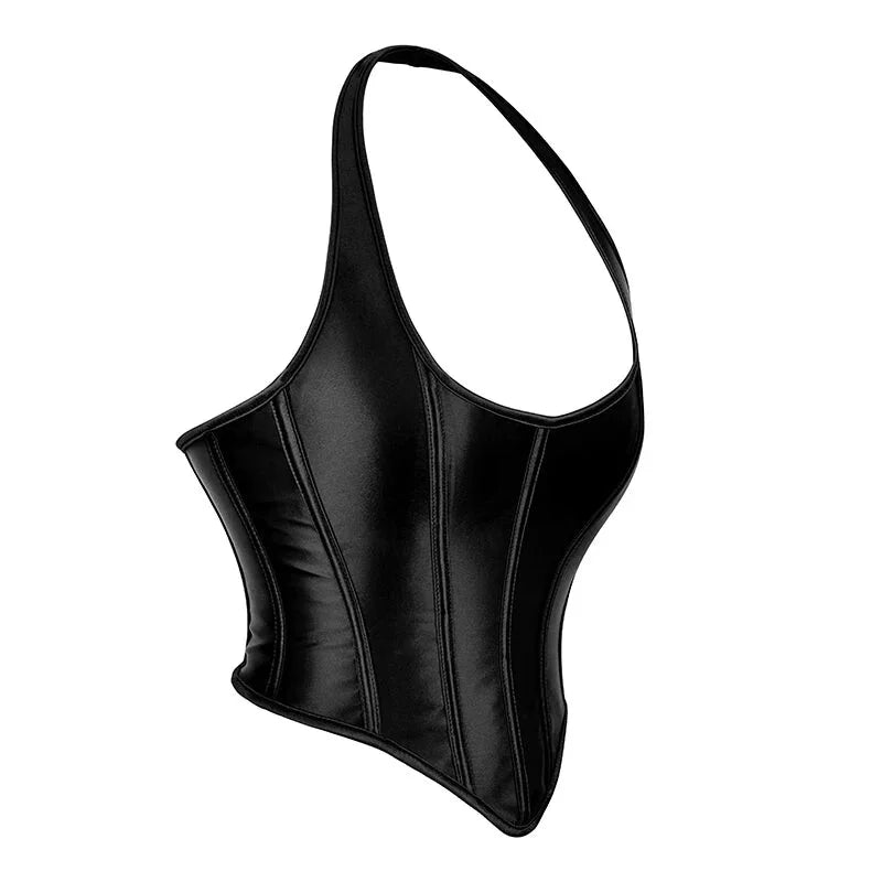 Black Gothic Corset Top Plus Size Slimming Bustier With Halter-Strap And Satin Material - 6Xl