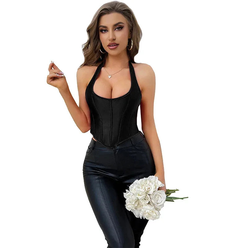Black Gothic Corset Top Plus Size Slimming Bustier With Halter-Strap And Satin Material - Xxl