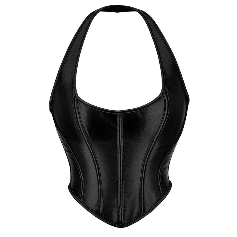 Black Gothic Corset Top Plus Size Slimming Bustier With Halter-Strap And Satin Material - 4Xl