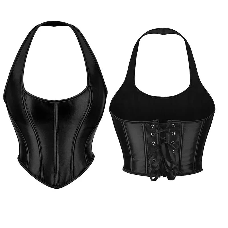 Black Gothic Corset Top Plus Size Slimming Bustier With Halter-Strap And Satin Material - 5Xl
