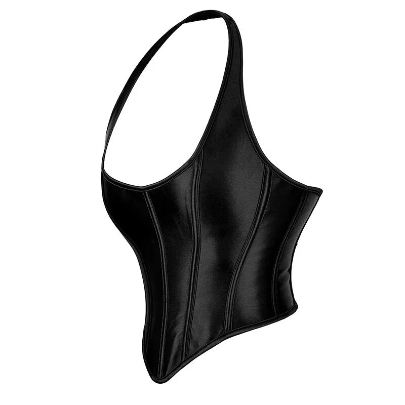 Black Gothic Corset Top Plus Size Slimming Bustier With Halter-Strap And Satin Material - 5Xl