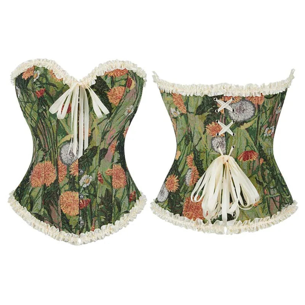 Green Floral Print Boned Corset Front Busk Closure Bowknot Bandage Victorian Style - S