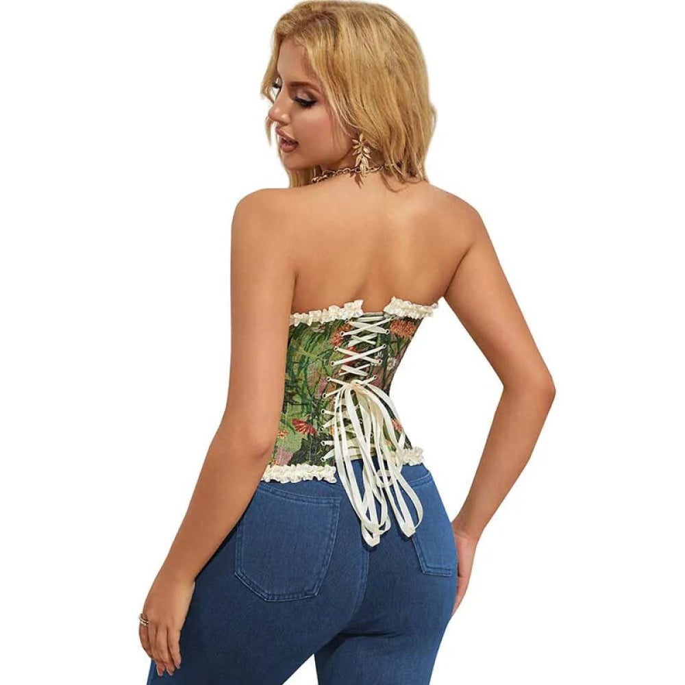 Green Floral Print Boned Corset Front Busk Closure Bowknot Bandage Victorian Style - S