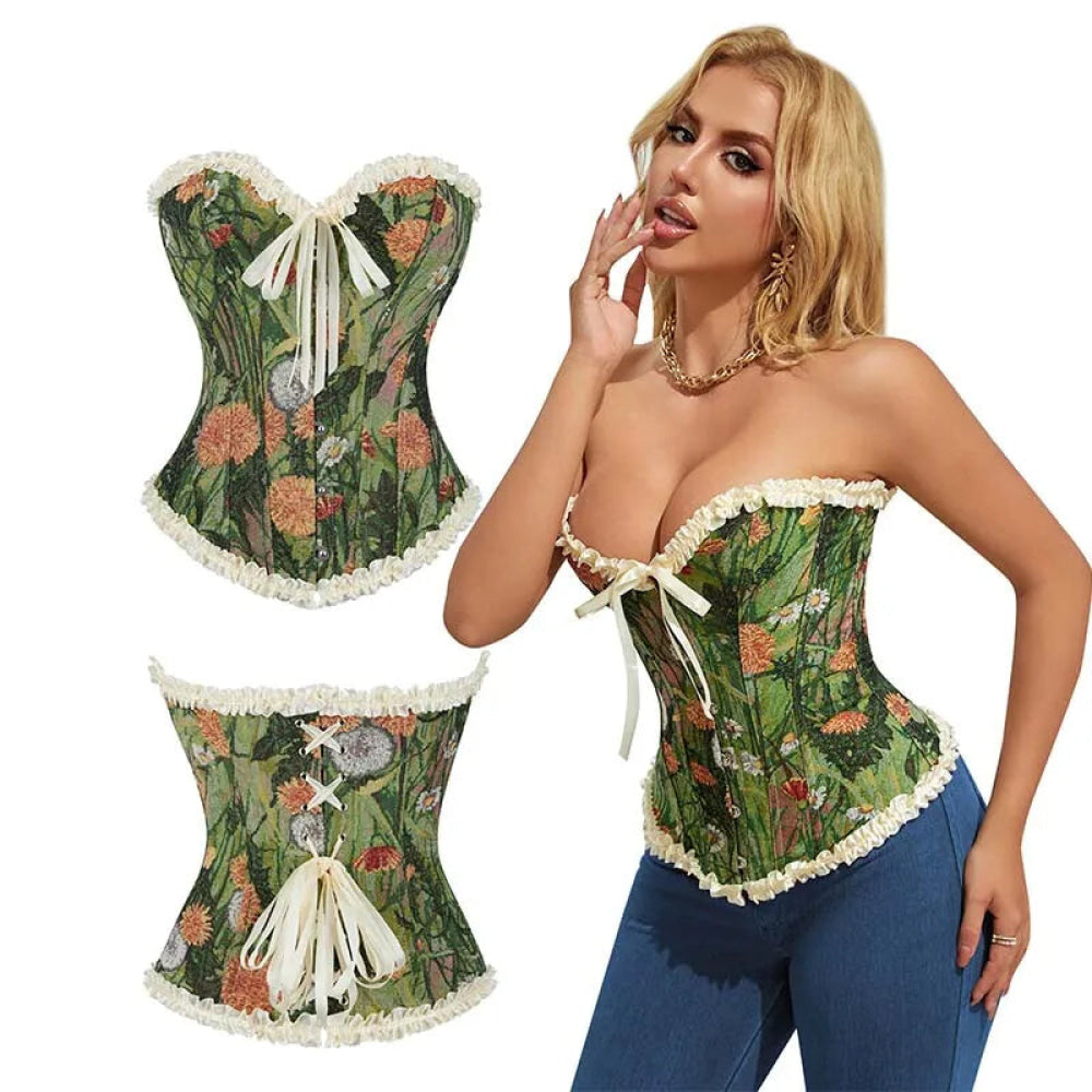 Green Floral Print Boned Corset Front Busk Closure Bowknot Bandage Victorian Style - L