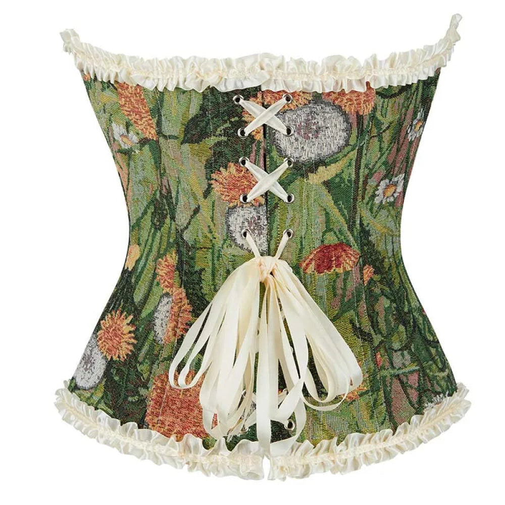 Green Floral Print Boned Corset Front Busk Closure Bowknot Bandage Victorian Style - L
