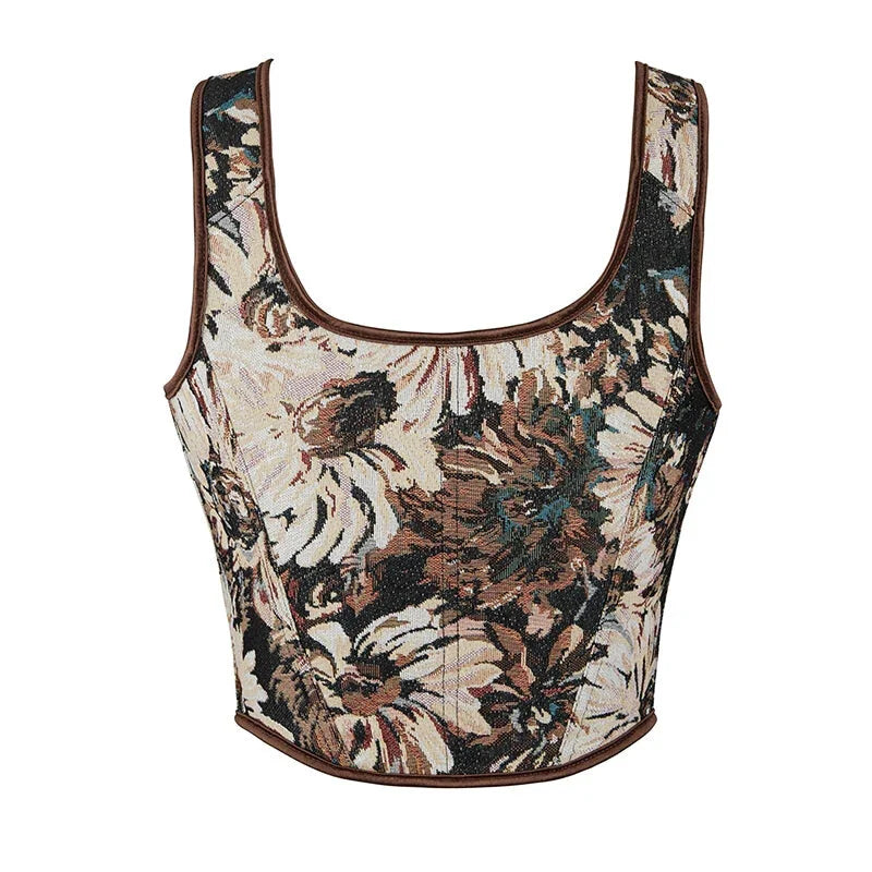 Brown Steampunk Corset Bustier Shoulder Strap Sleeveless Tank Top With Lace-Up Boning - L