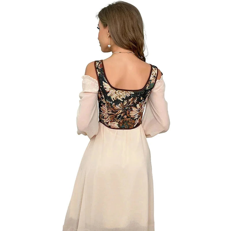 Brown Steampunk Corset Bustier Shoulder Strap Sleeveless Tank Top With Lace-Up Boning - L