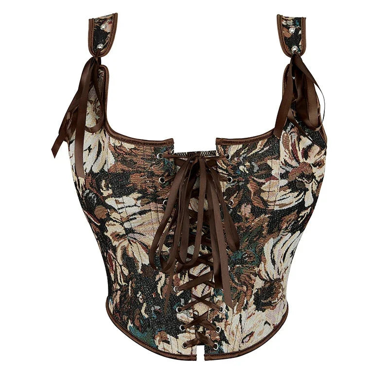 Brown Steampunk Corset Bustier Shoulder Strap Sleeveless Tank Top With Lace-Up Boning - Xxl