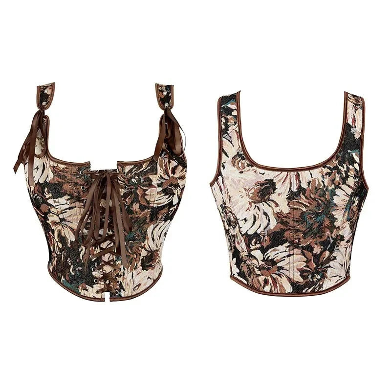 Brown Steampunk Corset Bustier Shoulder Strap Sleeveless Tank Top With Lace-Up Boning - Xl