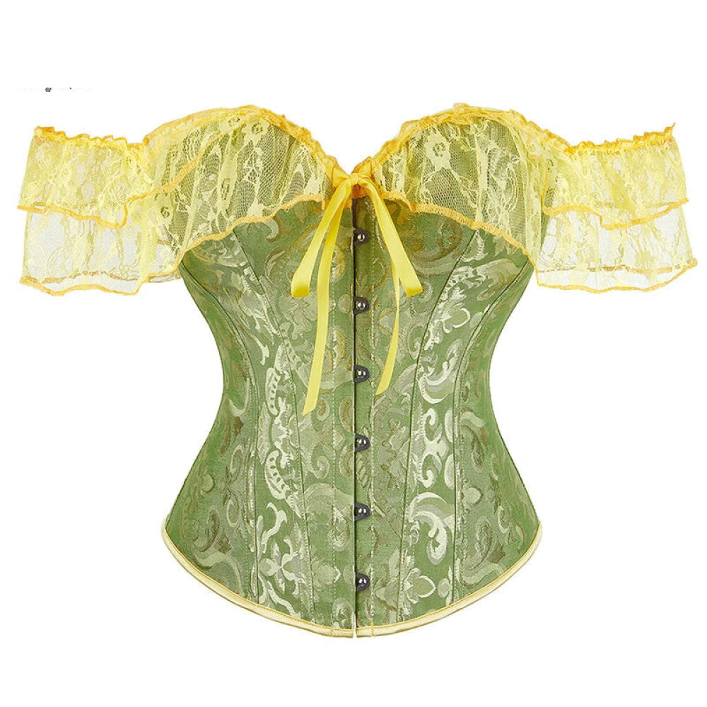 Brown Steampunk Corset With Front Busk Closure Floral Lace And Puff Sleeves - Brown - Xl