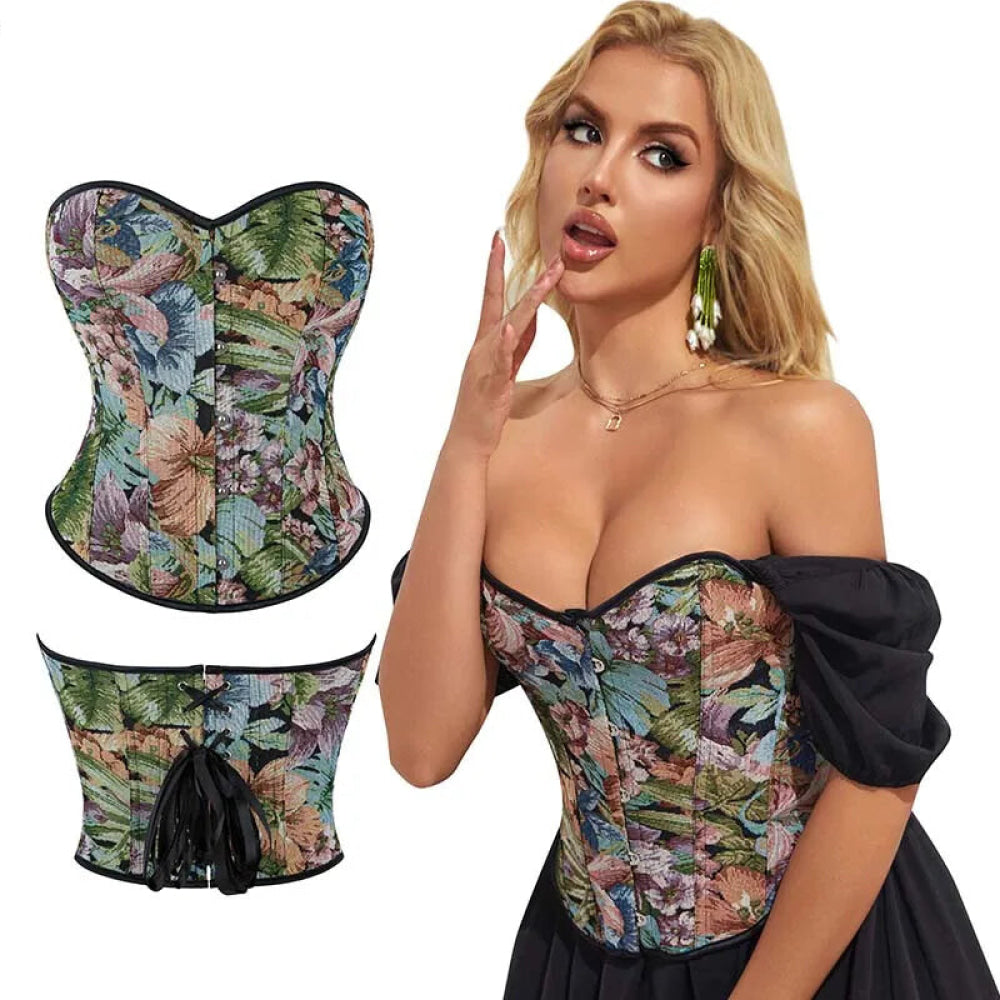 Floral Print Overbust Corset Monet Garden Style Lace Up Slimming Shapers - Xl