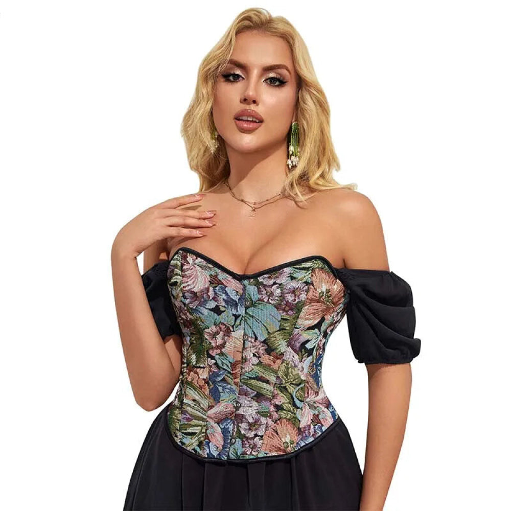 Floral Print Overbust Corset Monet Garden Style Lace Up Slimming Shapers - Xxl