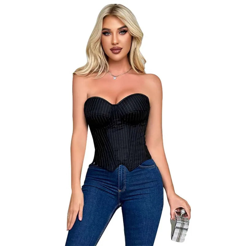 Push Up Pin Stripe Bustier Lace Up Boned Corset Top For Women - Navy Blue - S