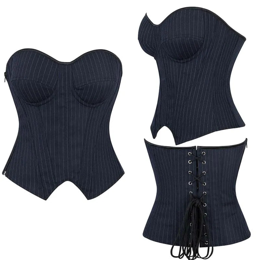 Push Up Pin Stripe Bustier Lace Up Boned Corset Top For Women - Navy Blue - Xs