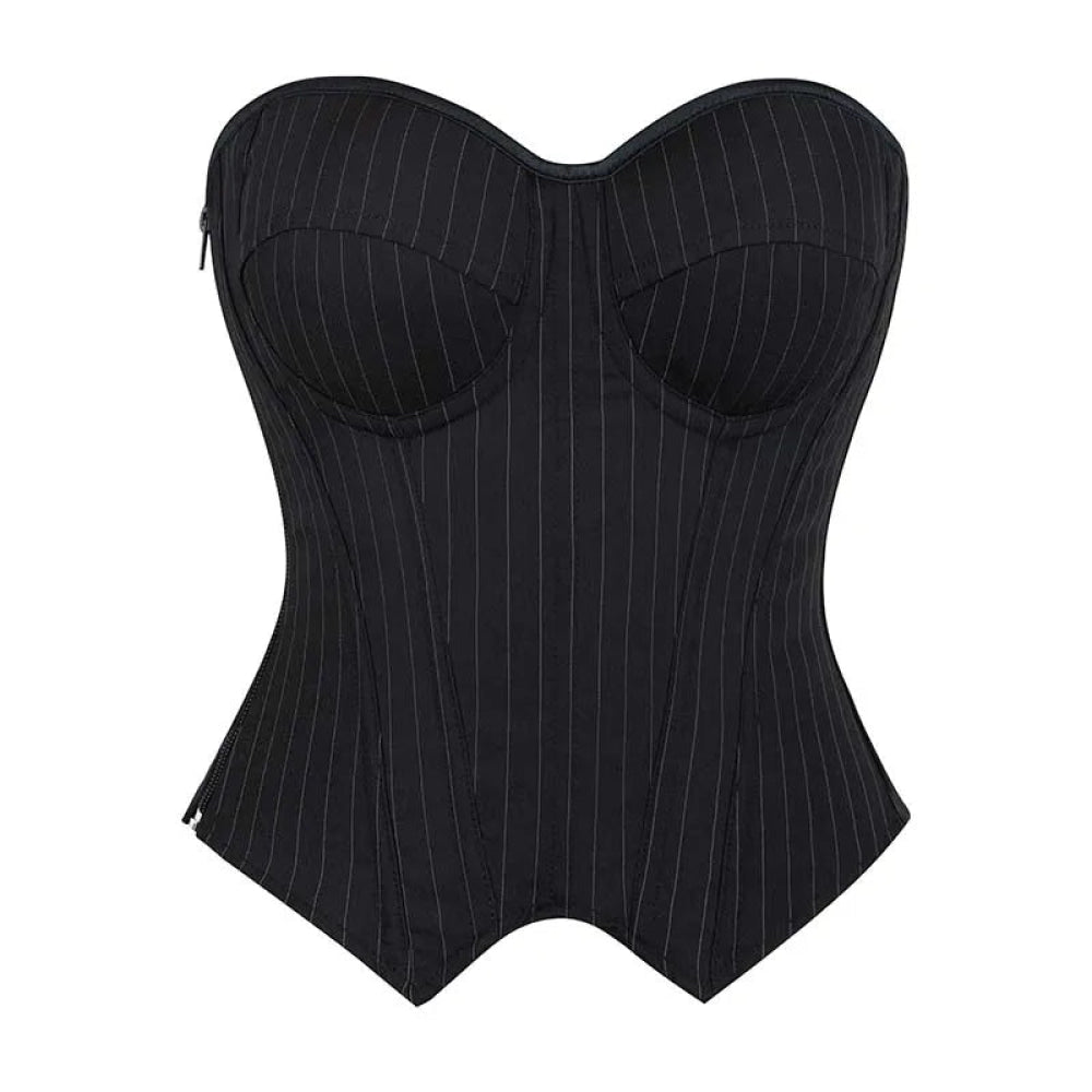 Push Up Pin Stripe Bustier Lace Up Boned Corset Top For Women - Navy Blue - Xs
