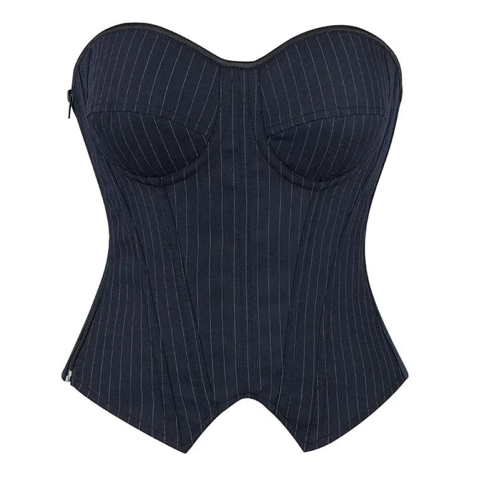 Push Up Pin Stripe Bustier Lace Up Boned Corset Top For Women - Navy Blue - M