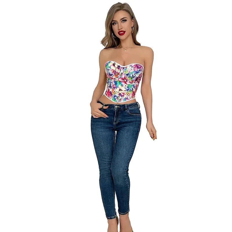 Floral Print Lace Bustier Plus Size S-Xxl Strapless Corset With Boning And Lace-Up Closure - S