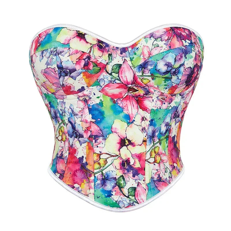 Floral Print Lace Bustier Plus Size S-Xxl Strapless Corset With Boning And Lace-Up Closure - M