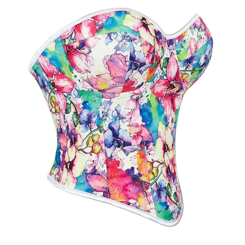 Floral Print Lace Bustier Plus Size S-Xxl Strapless Corset With Boning And Lace-Up Closure - Xl